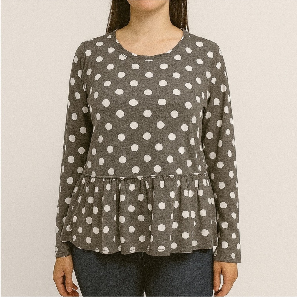 Francesca's Size Medium Gray Polka Dot Peplum Long-Sleeve Top